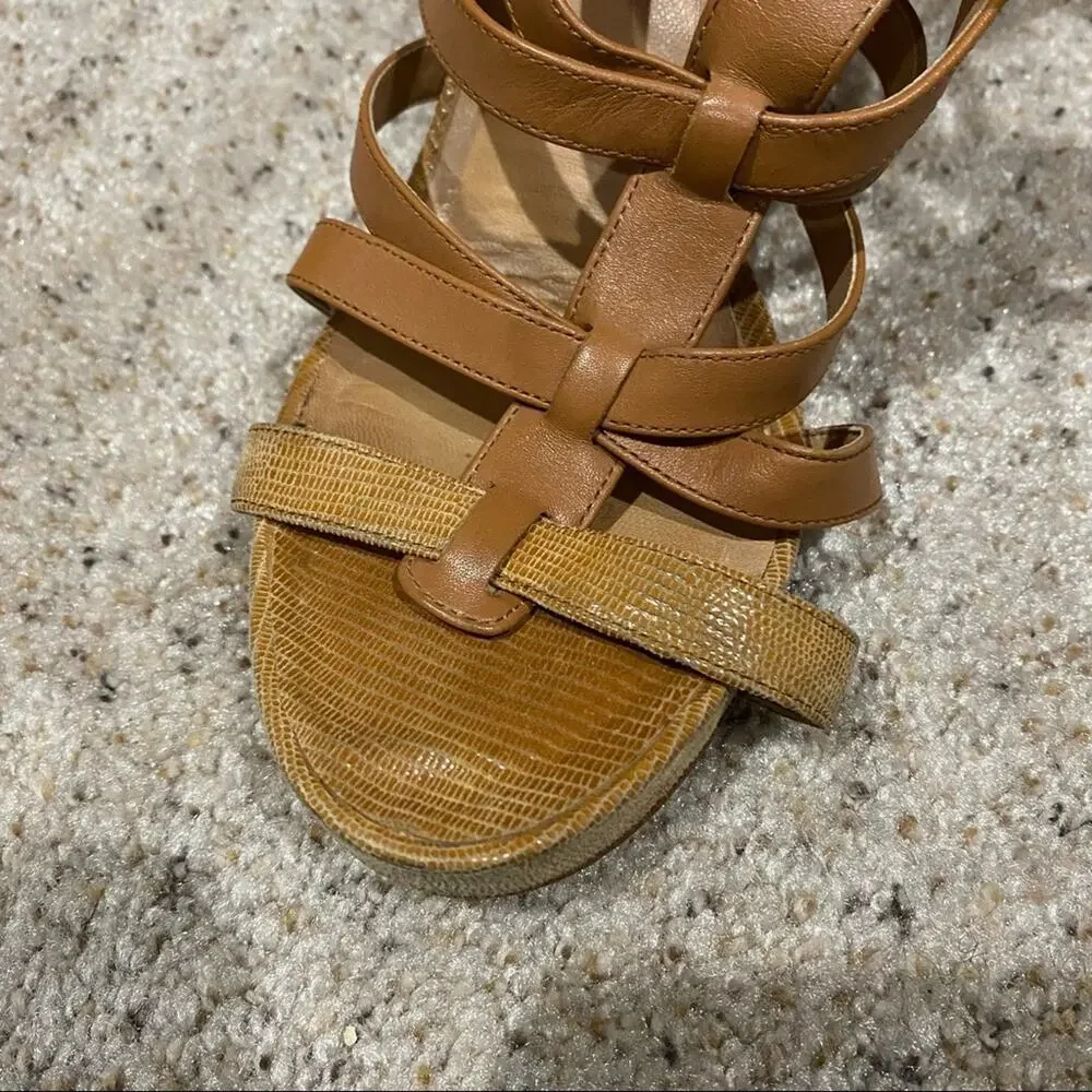 Ann Taylor Tan Wedge Sandals Sz 9.5 Brown Ankle Strap